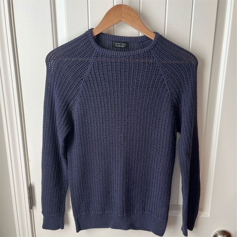 Zara Man Navy Blue Loose Knit Crew Neck Sweater Men's Size S